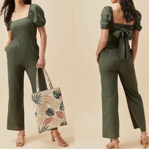Francesca's Collections Green Puff Sleeve Jumpsuit
